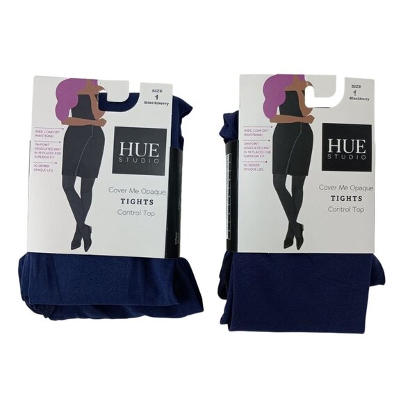 Lot Of 2 Hue Studio Women's 90D Opaque Control Top Tights Blackberry Sz. 1 - Picture 1 of 2